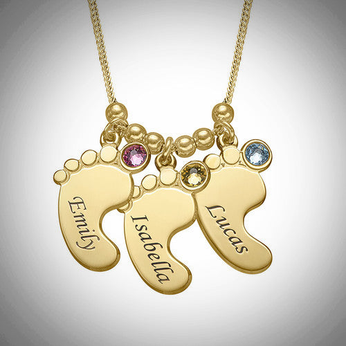 2 Baby Feet Necklace with Gold Plating and Birthstone