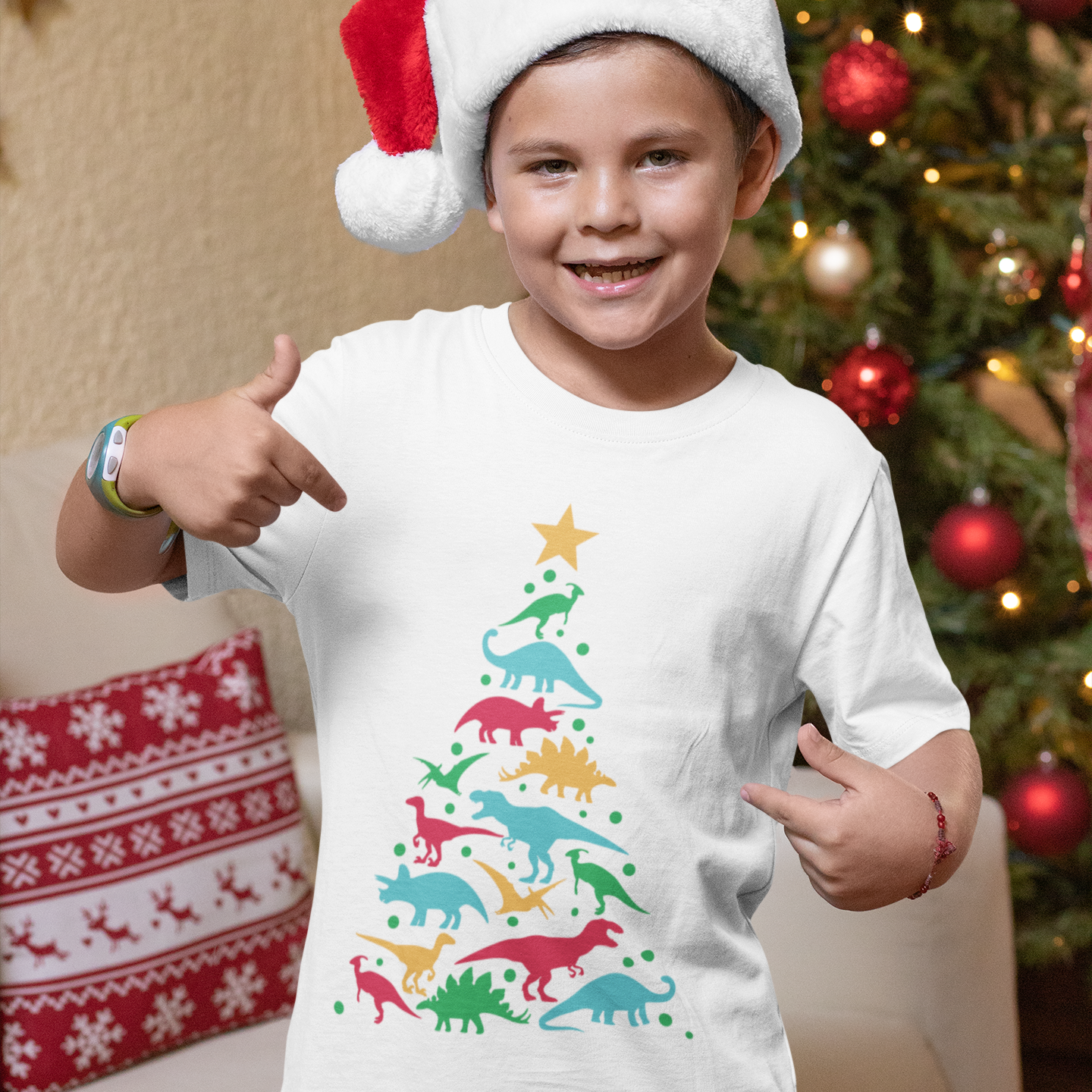 Dinosaur Christmas Tree Kids Tshirt