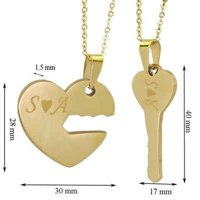 Couples Heart and Key Necklace - 2 Pieces