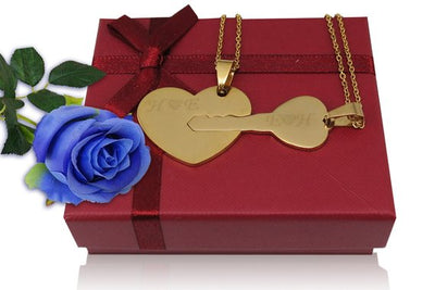 Couples Heart and Key Necklace - 2 Pieces